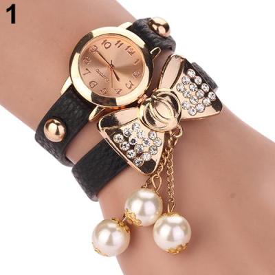 Norate Jam Tangan Wanita - Rhinestone Bowknot Faux Leather Wrist Watch Black