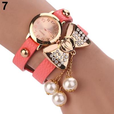 Norate Jam Tangan Wanita - Rhinestone Bowknot Faux Leather Wrist Watch Pink