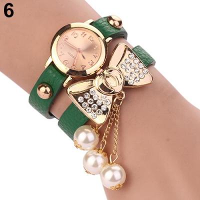 Norate Jam Tangan Wanita - Rhinestone Bowknot Faux Leather Wrist Watch Green