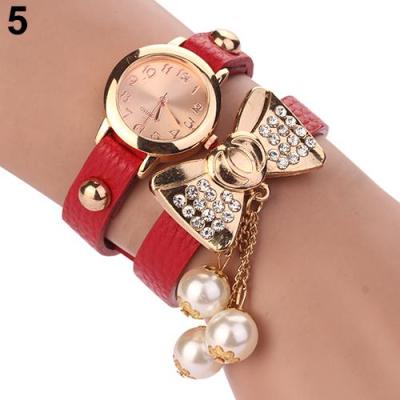 Norate Jam Tangan Wanita - Rhinestone Bowknot Faux Leather Wrist Watch Red