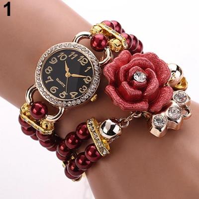 Norate Jam Tangan Wanita - Rhinestone Dial Flower Faux Pearl Band Red