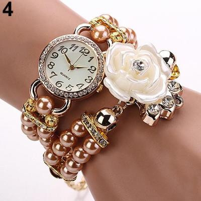 Norate Jam Tangan Wanita - Rhinestone Dial Flower Faux Pearl Band Champagne