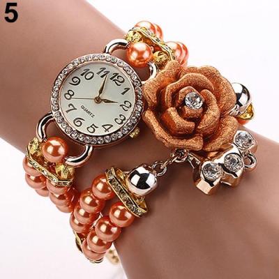 Norate Jam Tangan Wanita - Rhinestone Dial Flower Faux Pearl Band Orange