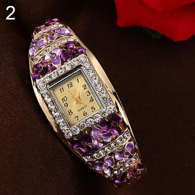 Norate Jam Tangan Wanita - Rhinestone Hollow Flower Cuff Bangle - Purple