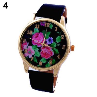 Norate Jam Tangan Wanita - Rose Flower Dial Faux Leather Strap Black