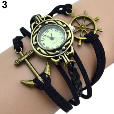 Norate Jam Tangan Wanita - Rudder Anchor Leather Band Quartz Wrist Watch Black