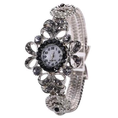 Norate Jam Tangan Wanita - Silver Plated Rhinestone Flower Black