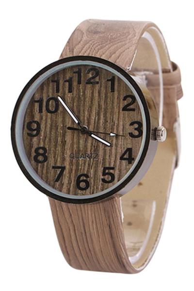 Norate Lady'S Wood Grain Faux Leather Bronze Numerals Watch