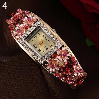 Norate Lady Square Dial Flower Band Rhinestone Wrist Watch Red