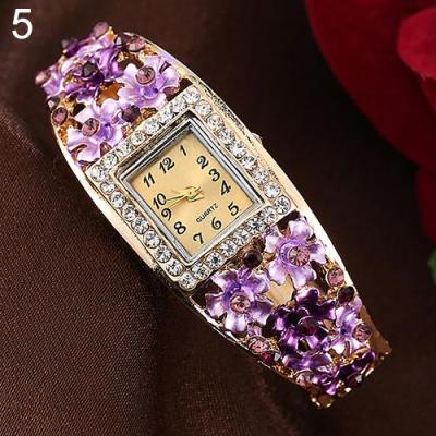 Norate Lady Square Dial Flower Band Rhinestone Wrist Watch Purple