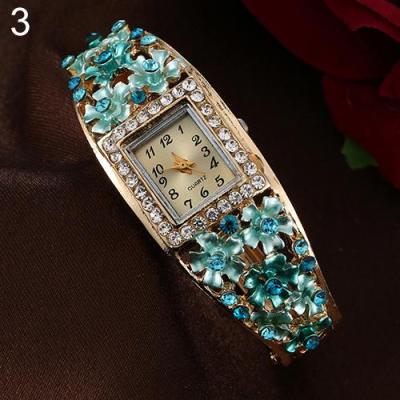 Norate Lady Square Dial Flower Band Rhinestone Wrist Watch Blue