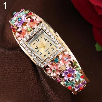 Norate Lady Square Dial Flower Band Rhinestone Wrist Watch Multi-Color