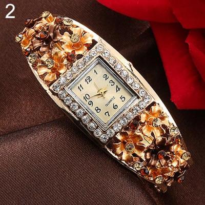 Norate Lady Square Dial Flower Band Rhinestone Wrist Watch Champagne