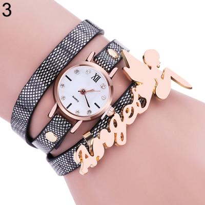 Norate Lady's Angel 3 Layers Faux Leather Strap Wrap Bracelet Quartz Casual Wrist Watch Black