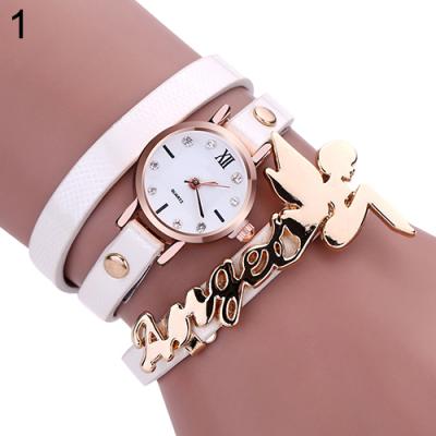 Norate Lady's Angel 3 Layers Faux Leather Strap Wrap Bracelet Quartz Casual Wrist Watch White