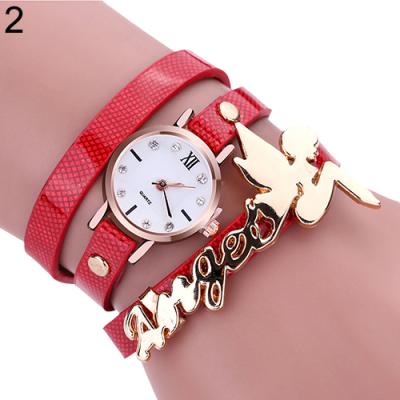 Norate Lady's Angel 3 Layers Faux Leather Strap Wrap Bracelet Quartz Casual Wrist Watch Red