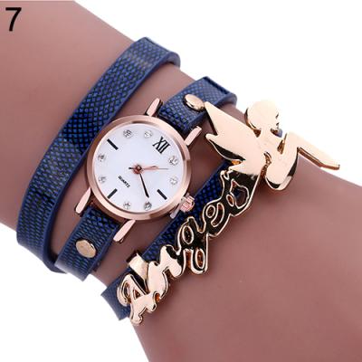 Norate Lady's Angel 3 Layers Faux Leather Strap Wrap Bracelet Quartz Casual Wrist Watch Sapphire Blue