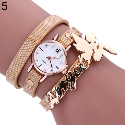 Norate Lady's Angel 3 Layers Faux Leather Strap Wrap Bracelet Quartz Casual Wrist Watch Beige