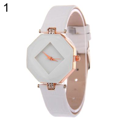 Norate Lady's Rhombic Rhinestone Faux Leather Strap Analog Quartz Wrist Watch White