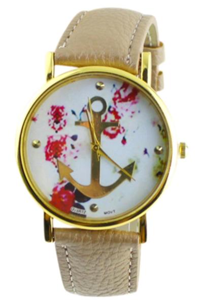 Norate Light Brown Faux Leather Floral Anchor Quartz Wrist Watch