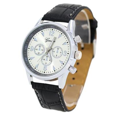 Norate Men's Geneva Silver Tone Case Black Faux Leather Strap Quartz Analog Wrist Watch White