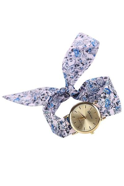 Norate Quartz Analog Women's Blue Floral Allover Cloth Scarf Wrist Watch