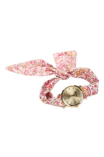 Norate Quartz Analog Women's Pink Floral Allover Cloth Scarf Wrist Watch