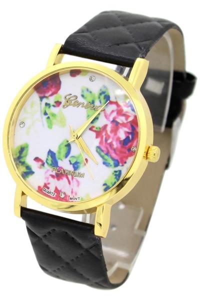 Norate Rose Flower Faux Leather Analog Watch Black