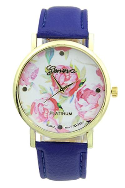 Norate Rose Flower Faux Leather Watch Dark Blue