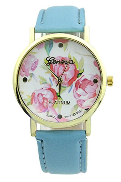 Norate Rose Flower Faux Leather Watch Light Blue