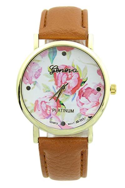 Norate Rose Flower Faux Leather Watch Light Coffee