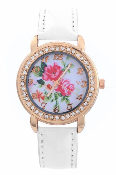 Norate Rose Golden Rhinestone Faux Leather Quartz Watch - White