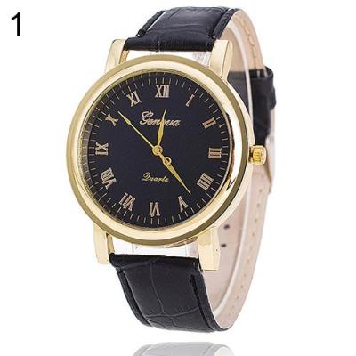 Norate Unisex Geneva Roman Number Faux Leather Strap Wrist Watch Black Band & Black Dial