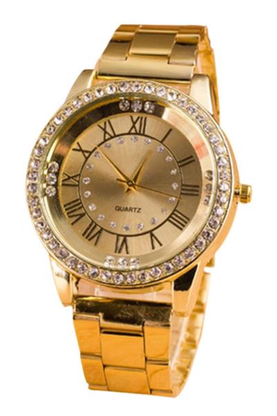 Norate Unisex Rhinestone Roman Numerals Alloy Analog Quartz Watch Gold