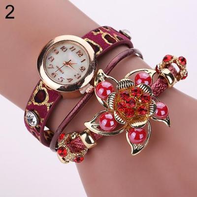 Norate Women Flower Half Faux Pearls Bracelet Wrist Watch Red