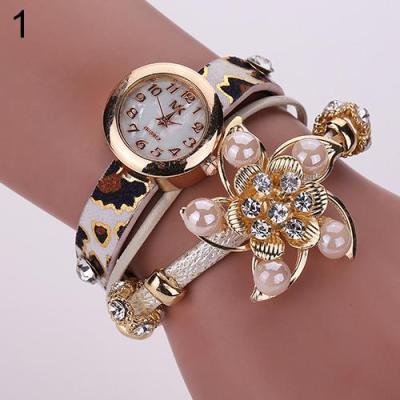 Norate Women Flower Half Faux Pearls Bracelet Wrist Watch White