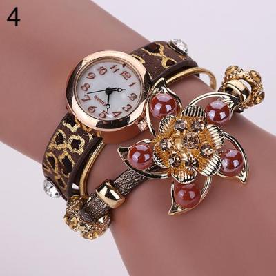 Norate Women Flower Half Faux Pearls Bracelet Wrist Watch Brown