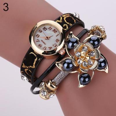 Norate Women Flower Half Faux Pearls Bracelet Wrist Watch Black