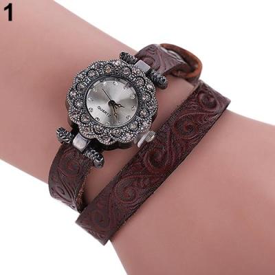 Norate Women's Antique Silver Flower Dial Leather Band Bracelet Wrist Watch Dark Brown