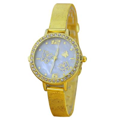 Norate Women's Butterfly Flower Rhinestone Fine Mesh Alloy Band Golden Tone Wrist Watch 2