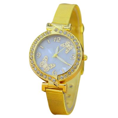 Norate Women's Butterfly Flower Rhinestone Fine Mesh Alloy Band Golden Tone Wrist Watch 1