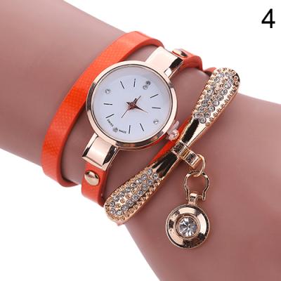 Norate Women's Fashion Multilayer Slim Strap Rhinestone Round Pendant Quartz Watch Orange