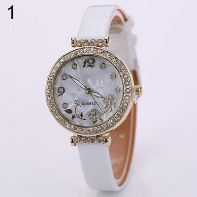 Norate Women's Flower Rhinestone Faux Leather Strap Watch White