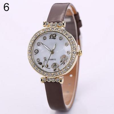 Norate Women's Flower Rhinestone Faux Leather Strap Watch Brown