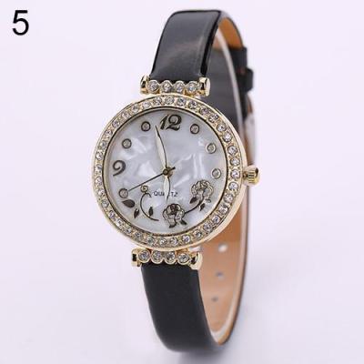 Norate Women's Flower Rhinestone Faux Leather Strap Watch Black