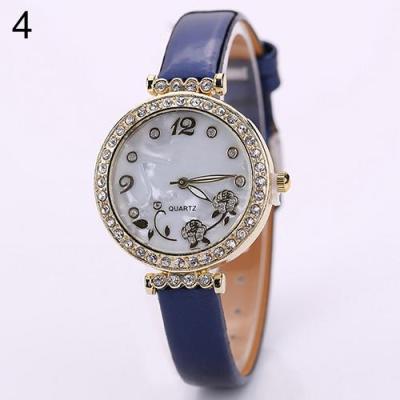 Norate Women's Flower Rhinestone Faux Leather Strap Watch Blue