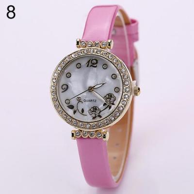 Norate Women's Flower Rhinestone Faux Leather Strap Watch Pink