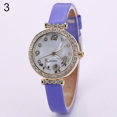 Norate Women's Flower Rhinestone Faux Leather Strap Watch Purple