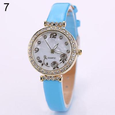 Norate Women's Flower Rhinestone Faux Leather Strap Watch Sky Blue