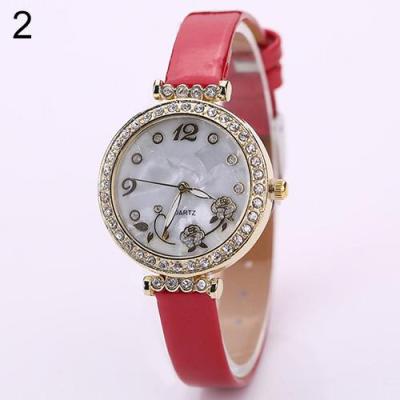 Norate Women's Flower Rhinestone Faux Leather Strap Watch Red